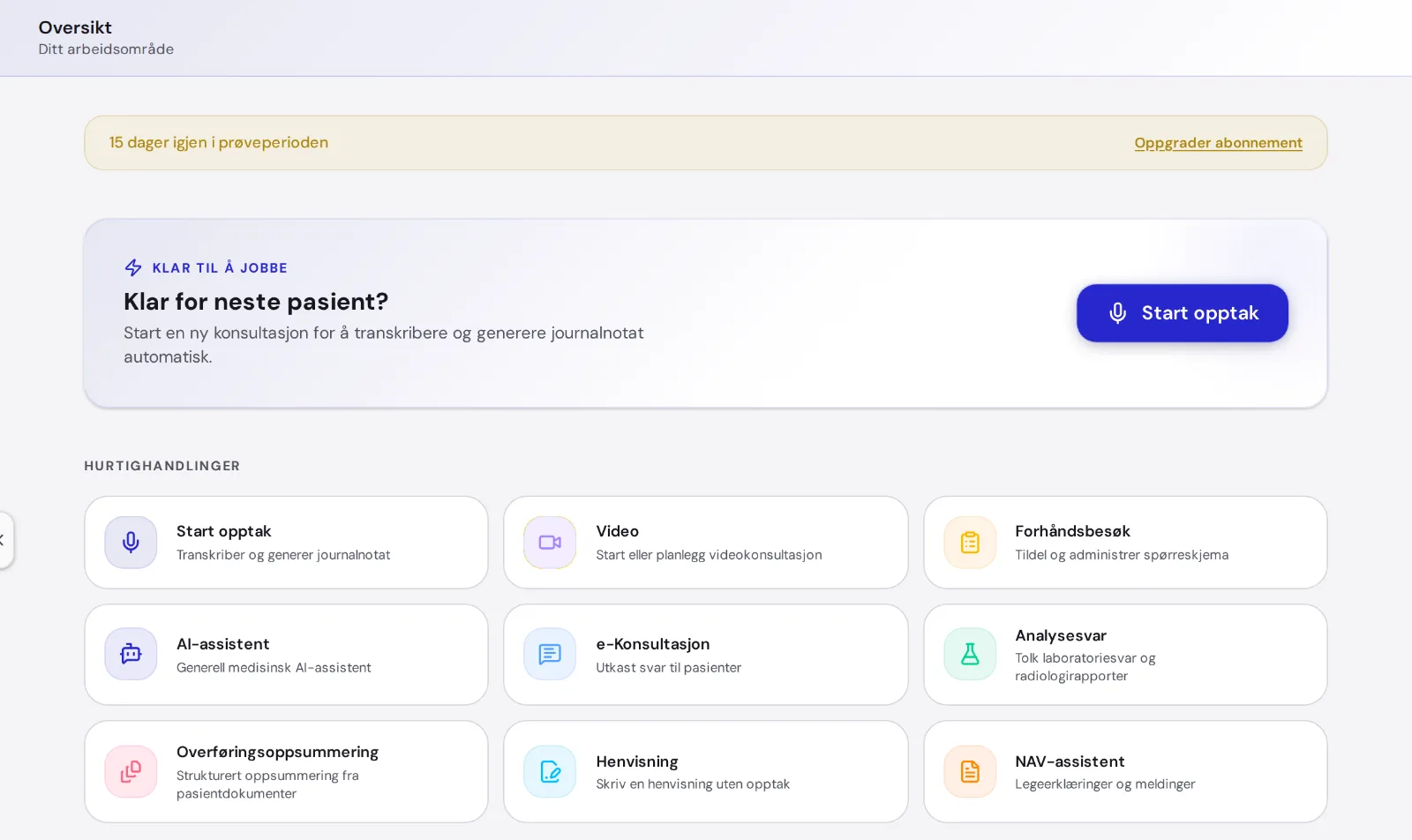 The MedAid overview with Start recording and quick actions