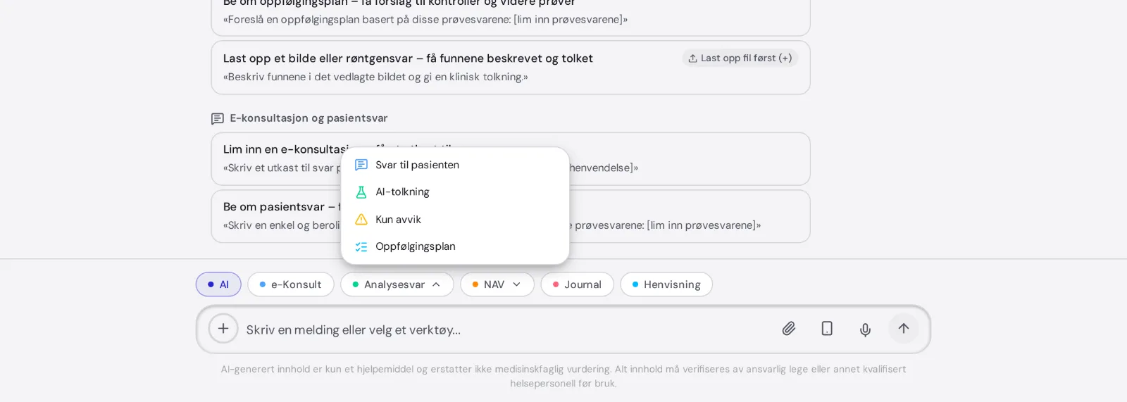 Modusvalget for Analysesvar: Svar til pasienten, AI-tolkning, Kun avvik, Oppfølgingsplan