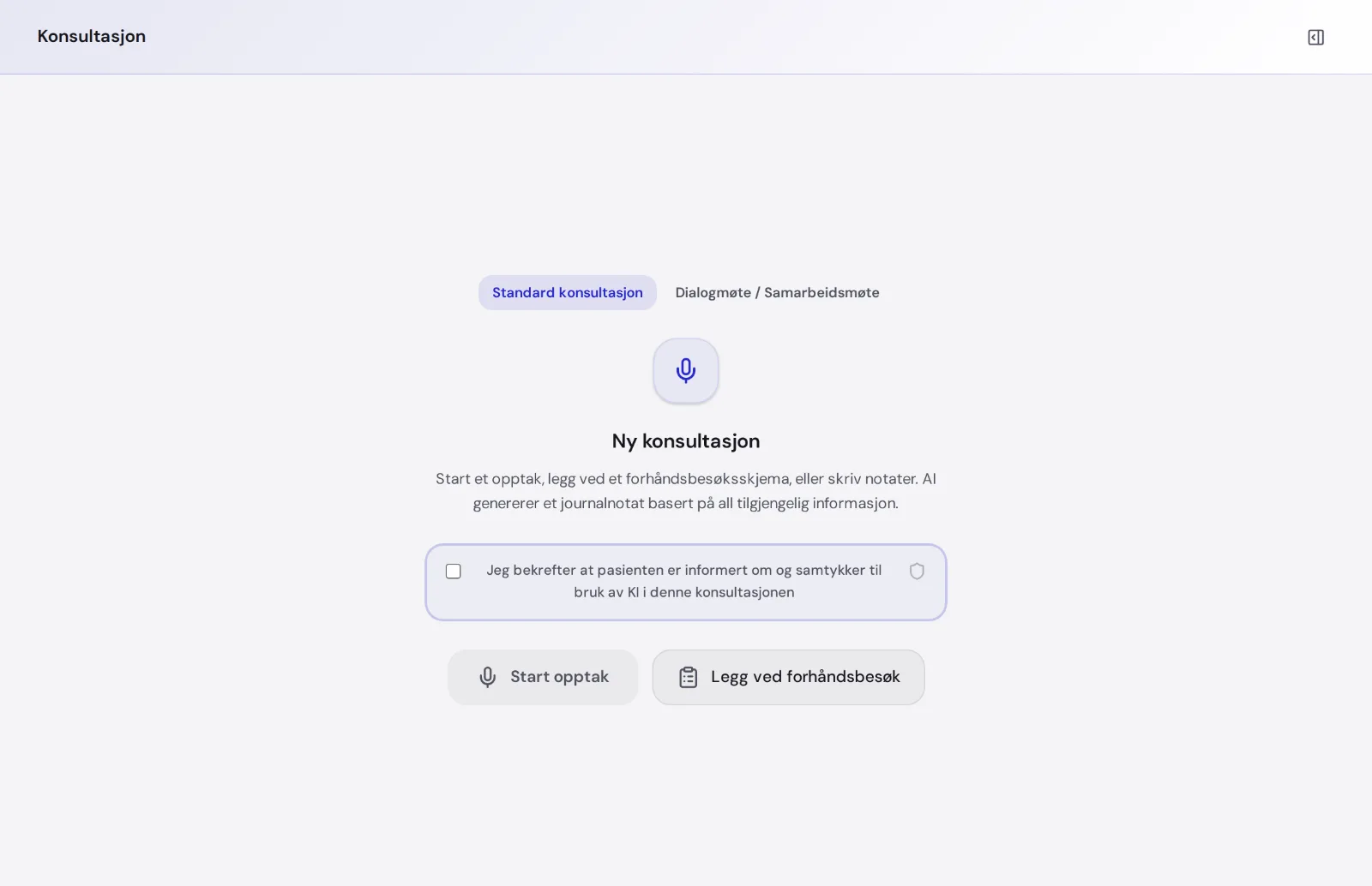 A new consultation in MedAid, with the consent box and the Start recording button