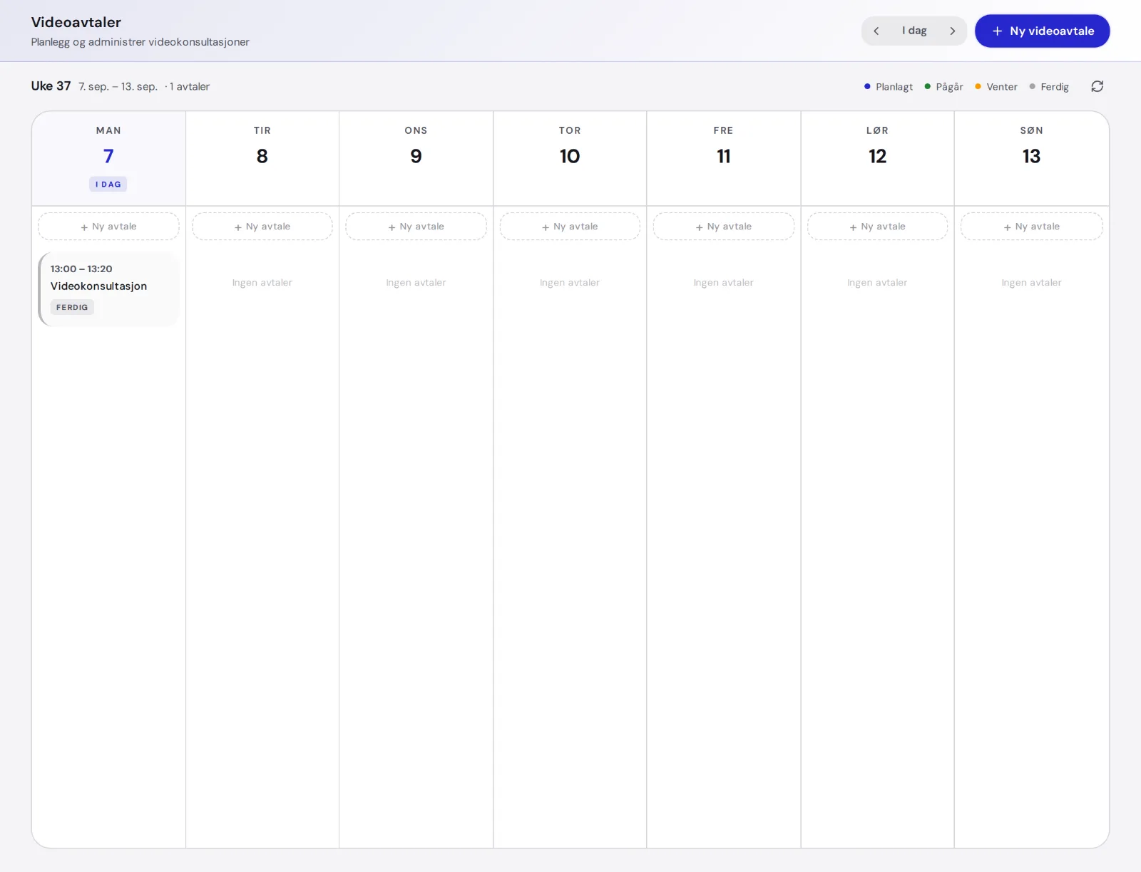 Weekly calendar for video consultations in MedAid