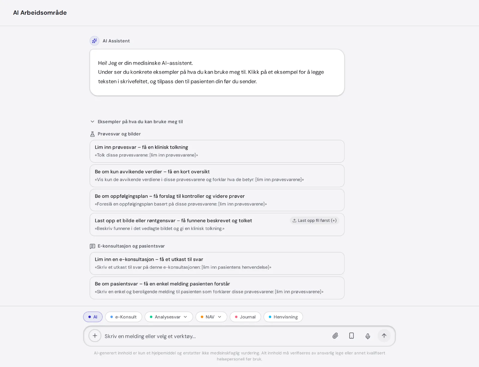 AI-arbeidsområdet i MedAid med verktøyene AI, e-Konsultasjon, Analysesvar, NAV-assistent, Journaloversikt og Henvisning